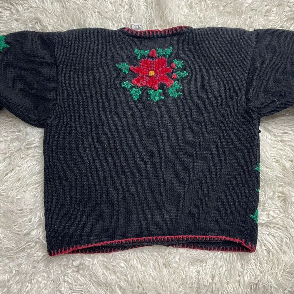 Vintage Croft And Barrow Poinsettia Cardigan Sweater Black Red And Green Size M